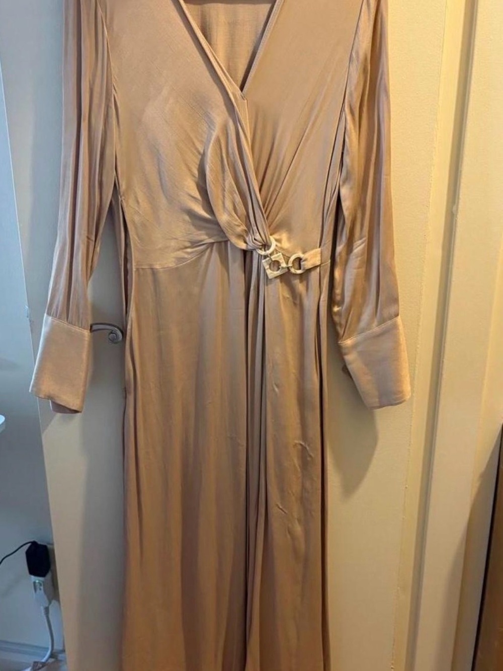 Zara Blush Pink Satin Long Sleeve Wrap Dress with Buckle